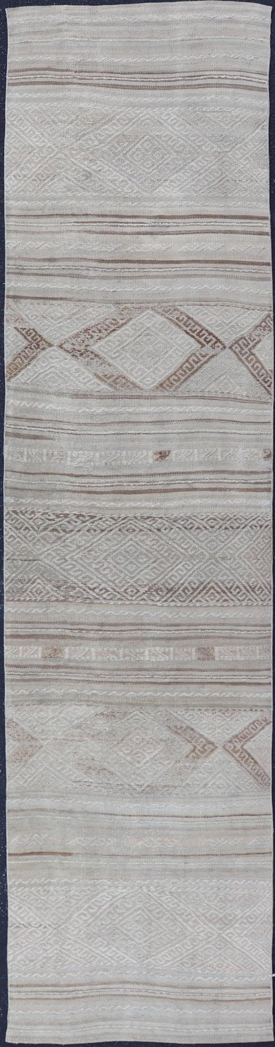 Vintage Turkish Tribal Kilim Runner with Soft Neutral Tones and Geometric Patterns - Keivan Woven ArtsEN - 14951Rug