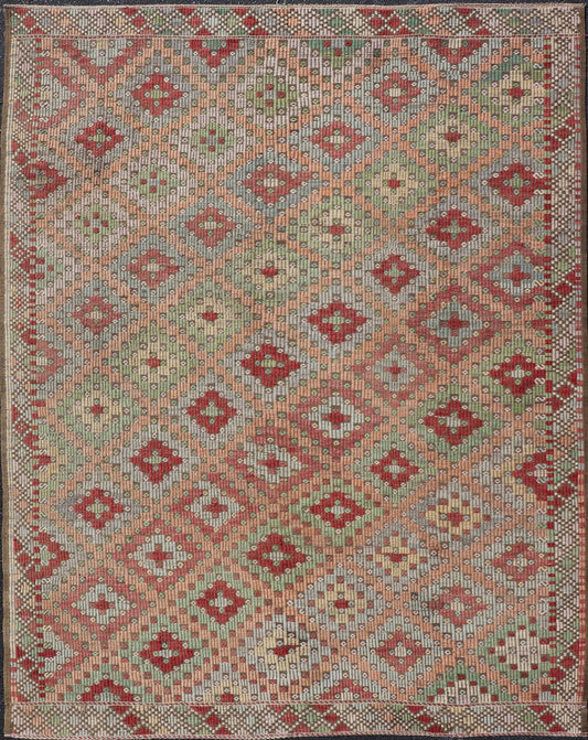 Vintage Turkish Tribal Kilim Rug with Vibrant Geometric Patterns and Rich Colors - Keivan Woven ArtsEN - 14953Rug