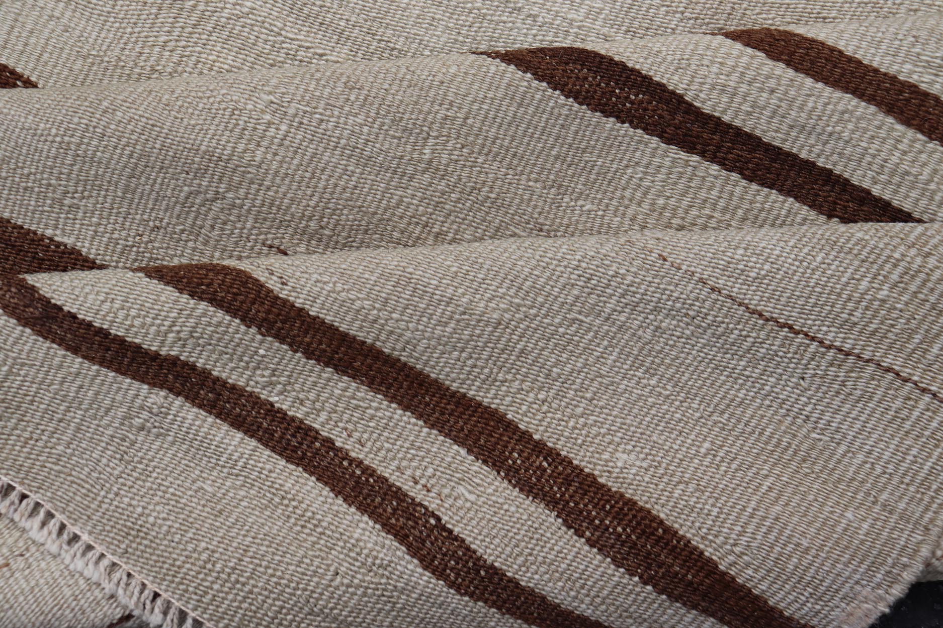 Minimalist Design Vintage Turkish Kilim Runner with Ivory, Brown and Off White. Keivan Woven Arts / rug EN - 14955, country of origin / type: Turkey / Kilim, circa 1950 Measures: 3'2 x 11'6 This vintage striped design Kilim from Turkey rendered in ... - Keivan Woven ArtsEN - 14955 - 24007Rug