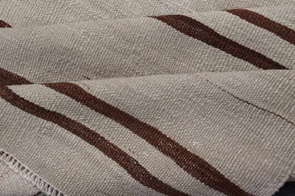 Minimalist Design Vintage Turkish Kilim Runner with Ivory, Brown and Off White. Keivan Woven Arts / rug EN - 14955, country of origin / type: Turkey / Kilim, circa 1950 Measures: 3'2 x 11'6 This vintage striped design Kilim from Turkey rendered in ... - Keivan Woven ArtsEN - 14955 - 24007Rug