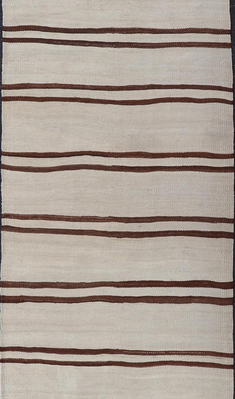 Minimalist Design Vintage Turkish Kilim Runner with Ivory, Brown and Off White. Keivan Woven Arts / rug EN - 14955, country of origin / type: Turkey / Kilim, circa 1950 Measures: 3'2 x 11'6 This vintage striped design Kilim from Turkey rendered in ... - Keivan Woven ArtsEN - 14955 - 24007Rug