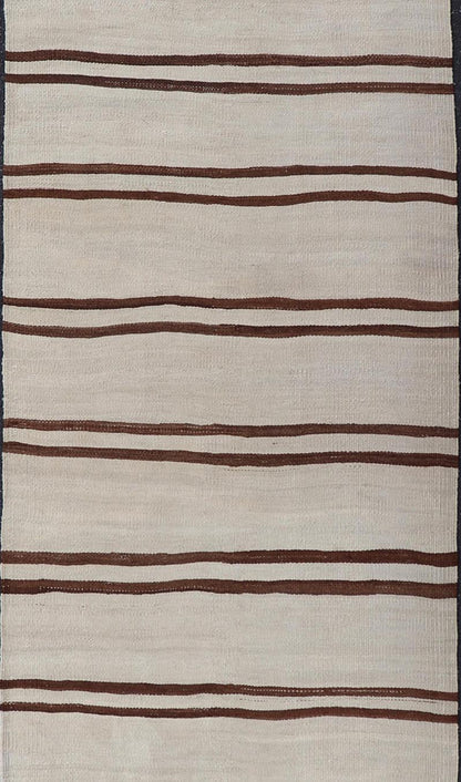 Minimalist Design Vintage Turkish Kilim Runner with Ivory, Brown and Off White. Keivan Woven Arts / rug EN - 14955, country of origin / type: Turkey / Kilim, circa 1950 Measures: 3'2 x 11'6 This vintage striped design Kilim from Turkey rendered in ... - Keivan Woven ArtsEN - 14955 - 24007Rug