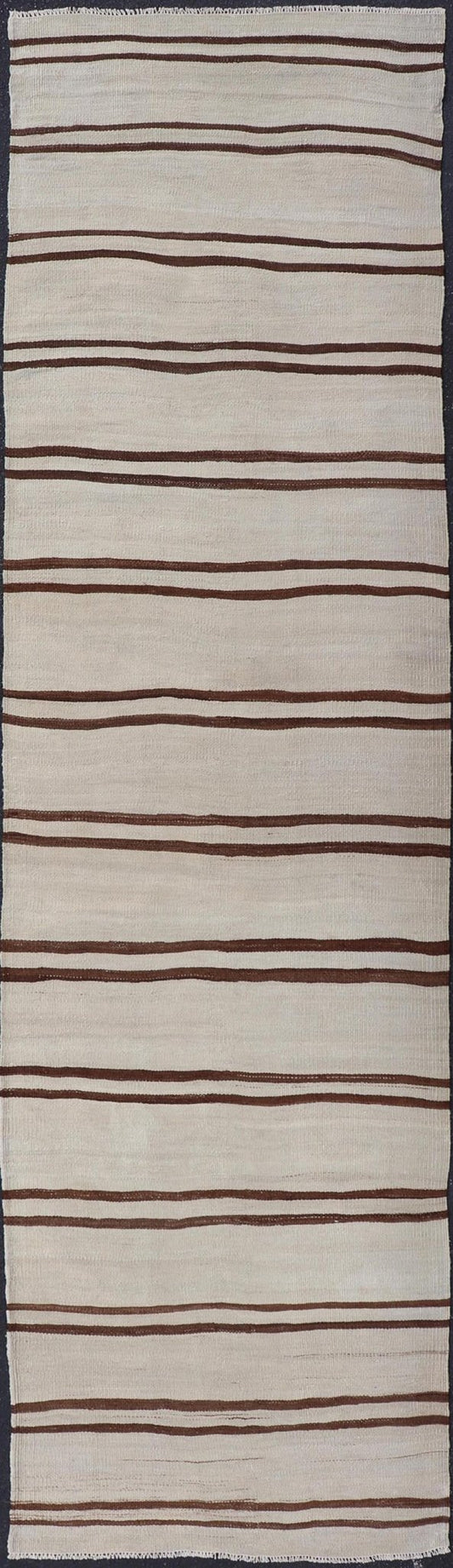 Minimalist Design Vintage Turkish Kilim Runner with Ivory, Brown and Off White. Keivan Woven Arts / rug EN - 14955, country of origin / type: Turkey / Kilim, circa 1950 Measures: 3'2 x 11'6 This vintage striped design Kilim from Turkey rendered in ... - Keivan Woven ArtsEN - 14955 - 24007Rug