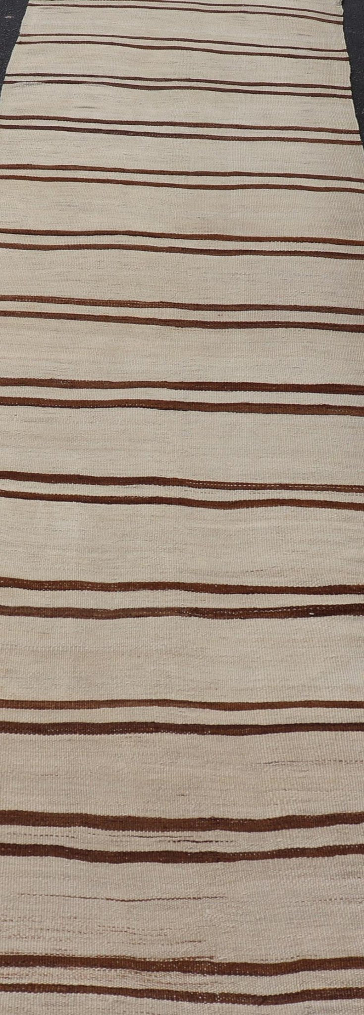 Minimalist Design Vintage Turkish Kilim Runner with Ivory, Brown and Off White. Keivan Woven Arts / rug EN - 14955, country of origin / type: Turkey / Kilim, circa 1950 Measures: 3'2 x 11'6 This vintage striped design Kilim from Turkey rendered in ... - Keivan Woven ArtsEN - 14955 - 24007Rug