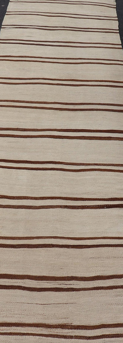 Minimalist Design Vintage Turkish Kilim Runner with Ivory, Brown and Off White. Keivan Woven Arts / rug EN - 14955, country of origin / type: Turkey / Kilim, circa 1950 Measures: 3'2 x 11'6 This vintage striped design Kilim from Turkey rendered in ... - Keivan Woven ArtsEN - 14955 - 24007Rug