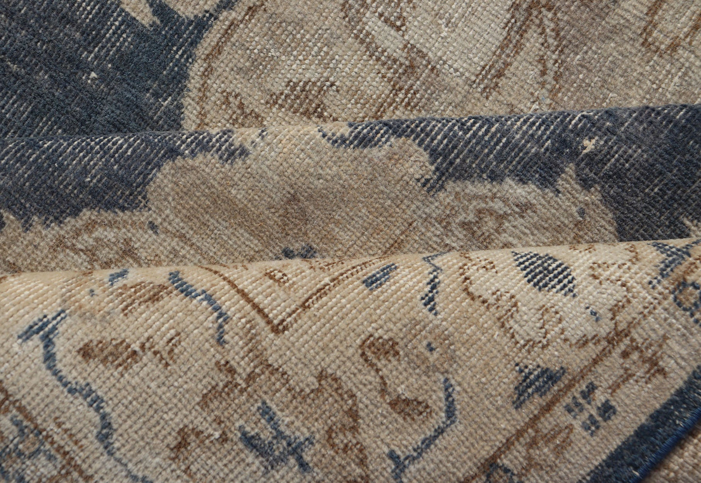 Measures: 5'2 x 8'5 Distressed Turkish Carpet with Floral Design in Blue, Tan, Taupe, and Cream. Keivan Woven Arts / EN - 14975 rug/ Turkish / Vintage Mid - 20th Century This vintage Turkish carpet has been neutralized to create faded pigments w... - Keivan Woven ArtsEN - 14975 - 22830