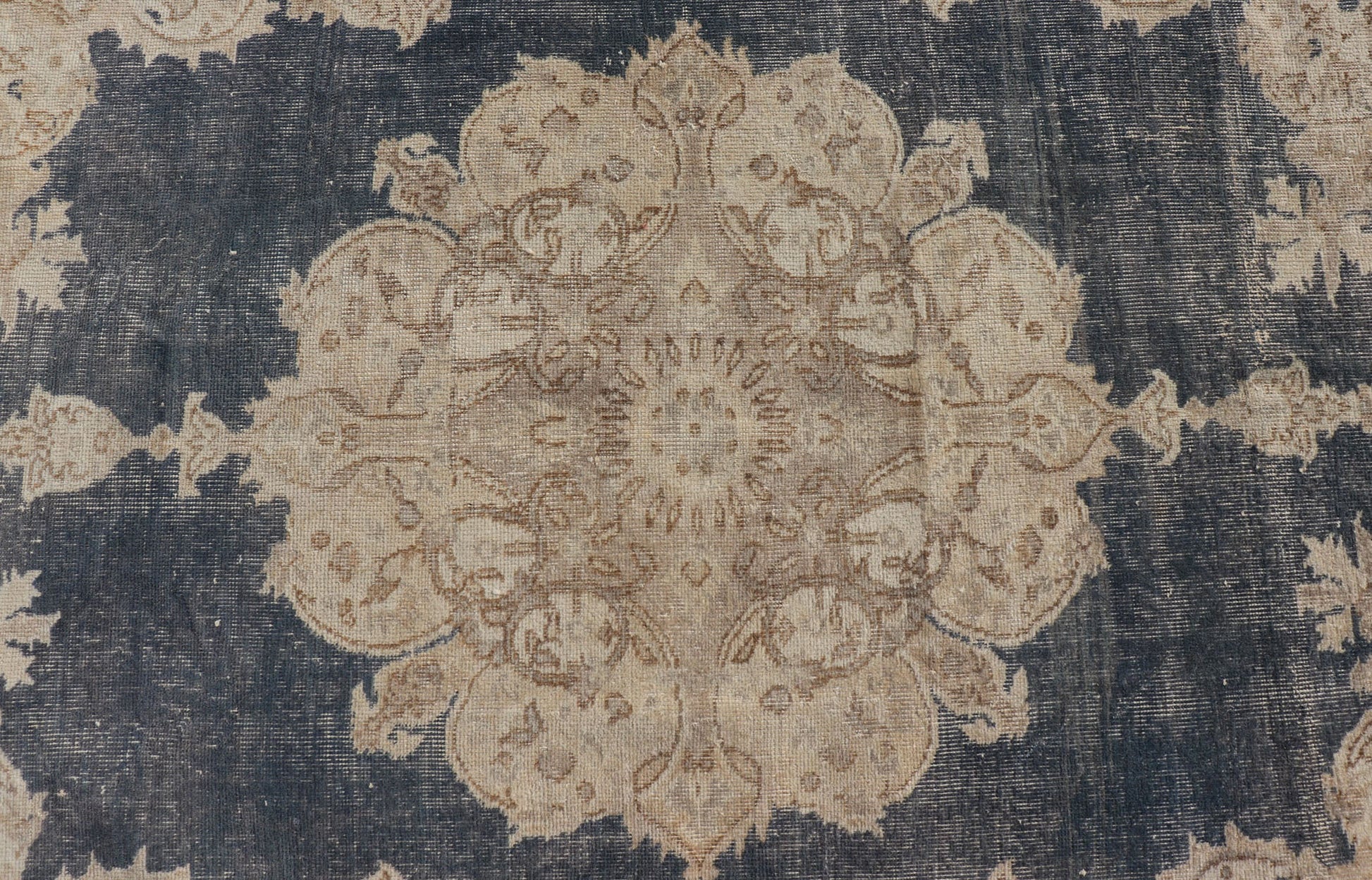 Measures: 5'2 x 8'5 Distressed Turkish Carpet with Floral Design in Blue, Tan, Taupe, and Cream. Keivan Woven Arts / EN - 14975 rug/ Turkish / Vintage Mid - 20th Century This vintage Turkish carpet has been neutralized to create faded pigments w... - Keivan Woven ArtsEN - 14975 - 22830