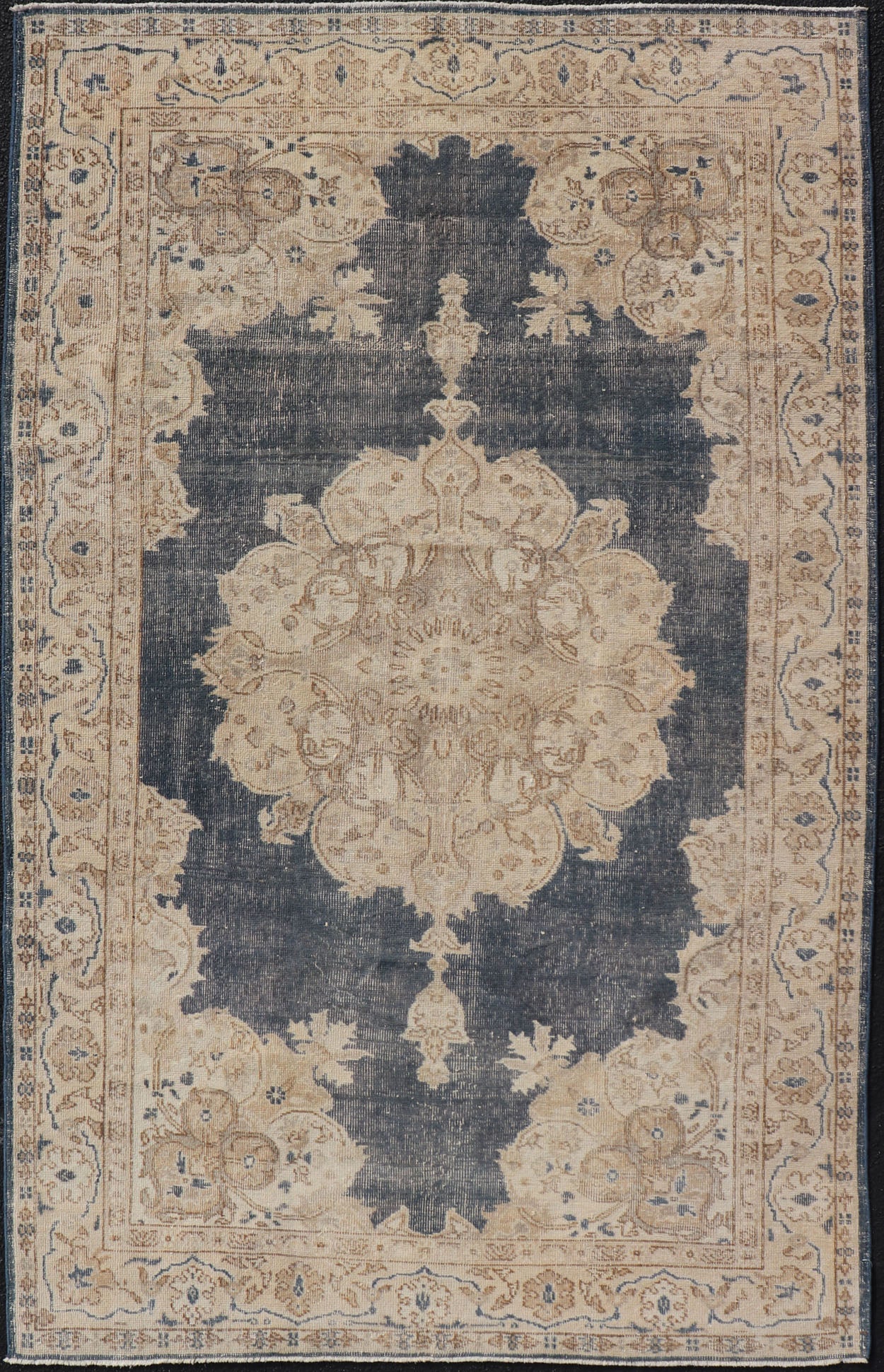 Measures: 5'2 x 8'5 Distressed Turkish Carpet with Floral Design in Blue, Tan, Taupe, and Cream. Keivan Woven Arts / EN - 14975 rug/ Turkish / Vintage Mid - 20th Century This vintage Turkish carpet has been neutralized to create faded pigments w... - Keivan Woven ArtsEN - 14975 - 22830