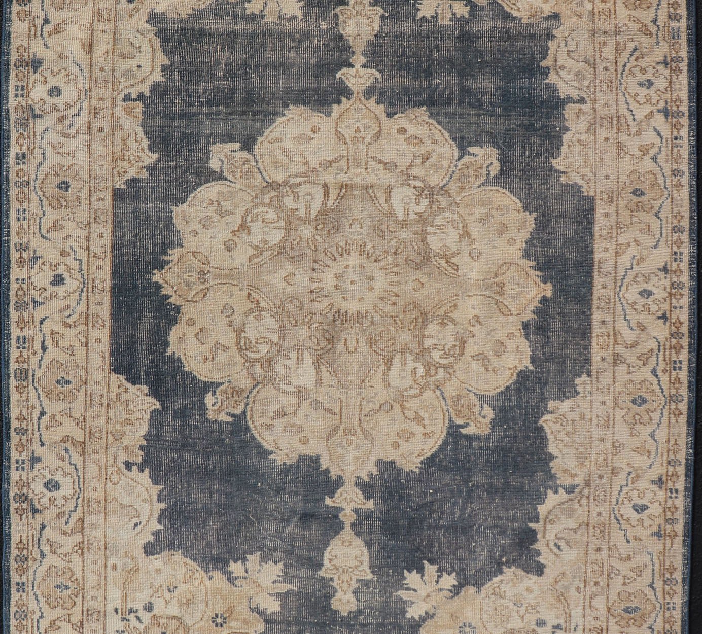 Measures: 5'2 x 8'5 Distressed Turkish Carpet with Floral Design in Blue, Tan, Taupe, and Cream. Keivan Woven Arts / EN - 14975 rug/ Turkish / Vintage Mid - 20th Century This vintage Turkish carpet has been neutralized to create faded pigments w... - Keivan Woven ArtsEN - 14975 - 22830