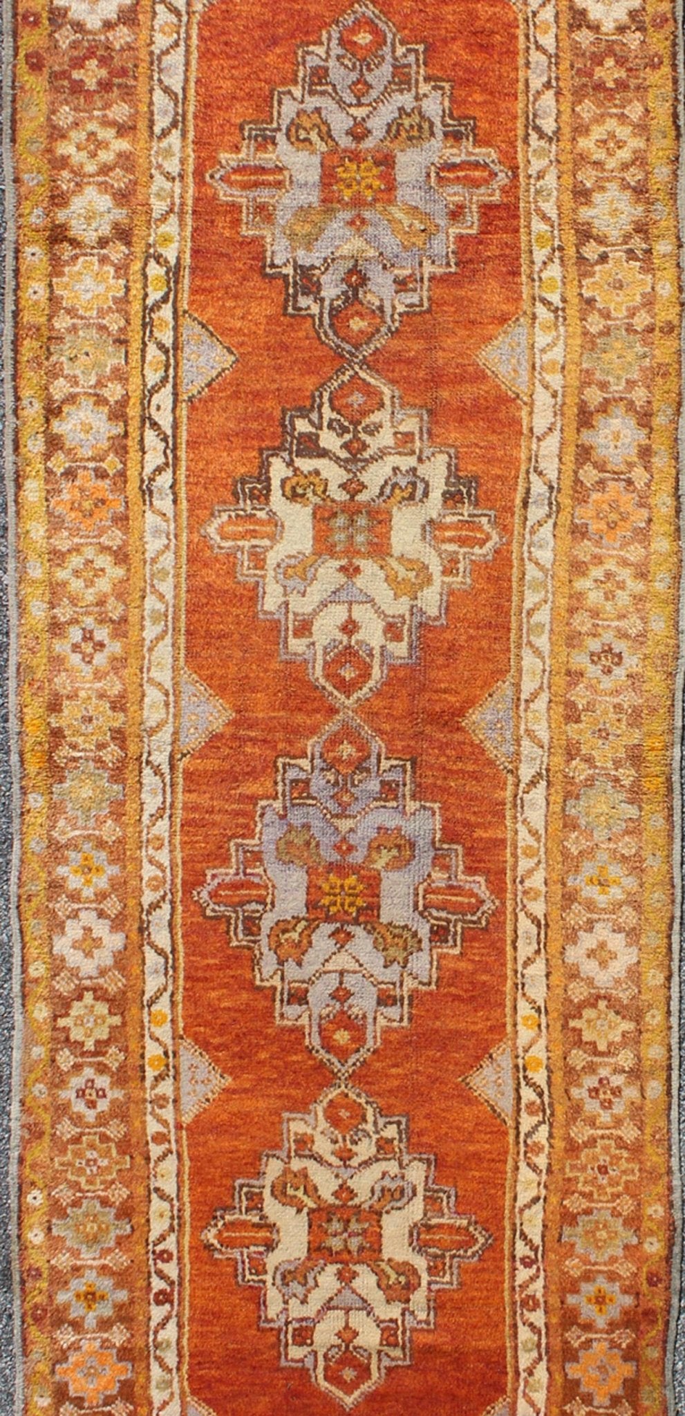 Antique Turkish Oushak runner with geometric diamond medallions, kwarugs en - 150, country of origin / type: Turkey / Oushak, circa 1930 This antique Oushak runner features a unique blend of cheerful colors and an intricately beautiful design. The... - Keivan Woven ArtsEN - 150 - 4365Rug
