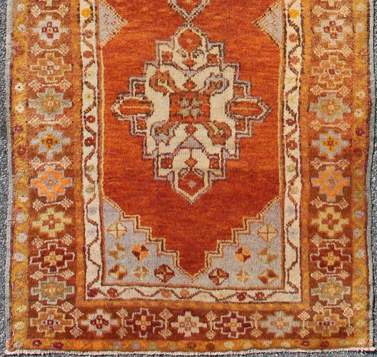 Antique Turkish Oushak runner with geometric diamond medallions, kwarugs en - 150, country of origin / type: Turkey / Oushak, circa 1930 This antique Oushak runner features a unique blend of cheerful colors and an intricately beautiful design. The... - Keivan Woven ArtsEN - 150 - 4365Rug