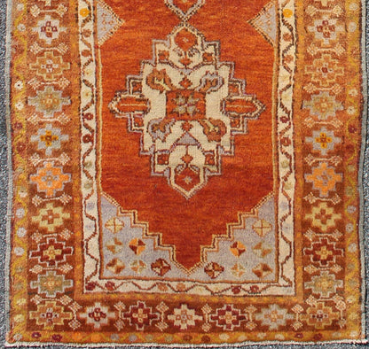 Antique Turkish Oushak runner with geometric diamond medallions, kwarugs en - 150, country of origin / type: Turkey / Oushak, circa 1930 This antique Oushak runner features a unique blend of cheerful colors and an intricately beautiful design. The... - Keivan Woven ArtsEN - 150 - 4365Rug