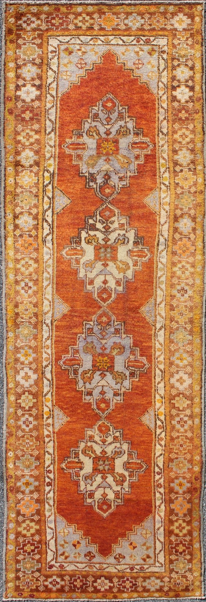 Antique Turkish Oushak runner with geometric diamond medallions, kwarugs en - 150, country of origin / type: Turkey / Oushak, circa 1930 This antique Oushak runner features a unique blend of cheerful colors and an intricately beautiful design. The... - Keivan Woven ArtsEN - 150 - 4365Rug