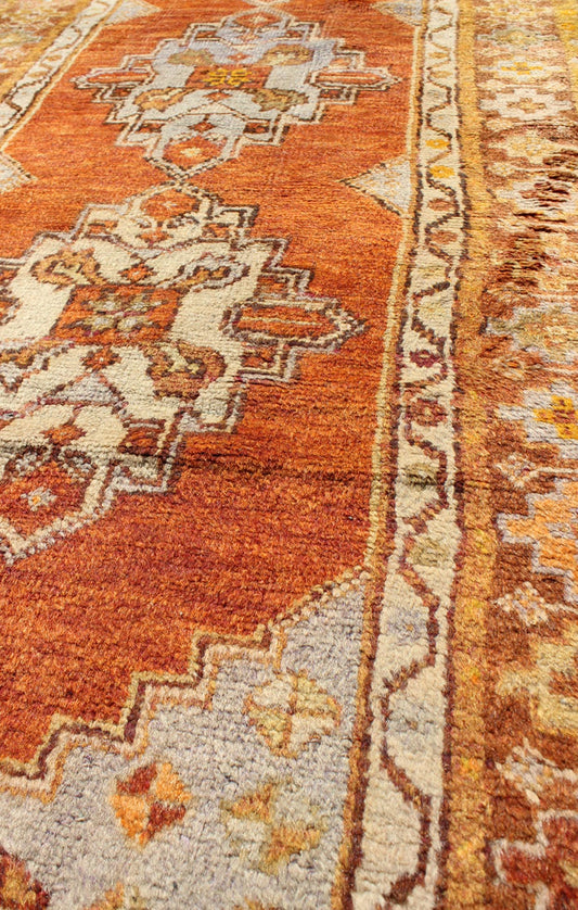 Antique Turkish Oushak runner with geometric diamond medallions, kwarugs en - 150, country of origin / type: Turkey / Oushak, circa 1930 This antique Oushak runner features a unique blend of cheerful colors and an intricately beautiful design. The... - Keivan Woven ArtsEN - 150 - 4365Rug