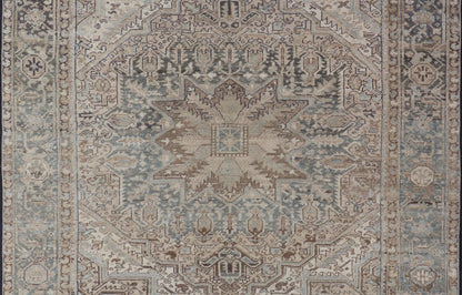 Square Antique Heriz Rug with Geometric Design in Blue's, Tan, Cream, and Brown. Keivan Woven Arts / rug EN - 15000, country of origin / type: Iran / Heriz, circa 1930 Measures: 7'6 x 8'5 This square Persian Heriz carpet bears an exqui... - Keivan Woven ArtsEN - 15000 - 23672Rug