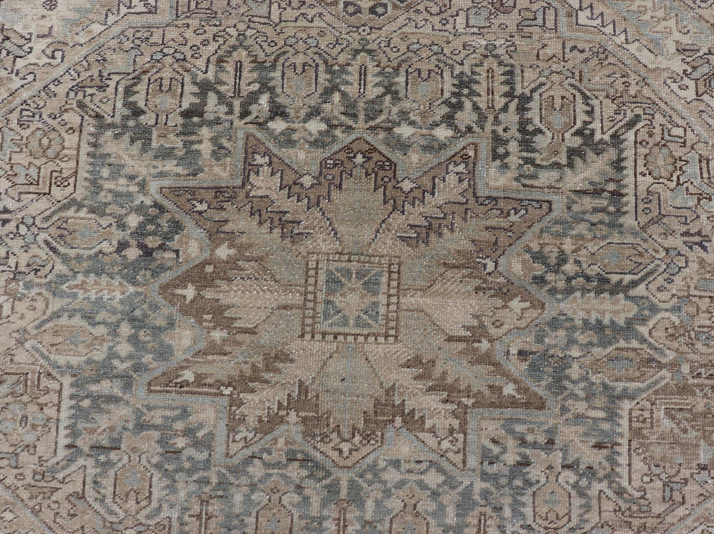 Square Antique Heriz Rug with Geometric Design in Blue's, Tan, Cream, and Brown. Keivan Woven Arts / rug EN - 15000, country of origin / type: Iran / Heriz, circa 1930 Measures: 7'6 x 8'5 This square Persian Heriz carpet bears an exqui... - Keivan Woven ArtsEN - 15000 - 23672Rug