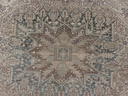 Square Antique Heriz Rug with Geometric Design in Blue's, Tan, Cream, and Brown. Keivan Woven Arts / rug EN - 15000, country of origin / type: Iran / Heriz, circa 1930 Measures: 7'6 x 8'5 This square Persian Heriz carpet bears an exqui... - Keivan Woven ArtsEN - 15000 - 23672Rug