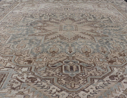 Square Antique Heriz Rug with Geometric Design in Blue's, Tan, Cream, and Brown. Keivan Woven Arts / rug EN - 15000, country of origin / type: Iran / Heriz, circa 1930 Measures: 7'6 x 8'5 This square Persian Heriz carpet bears an exqui... - Keivan Woven ArtsEN - 15000 - 23672Rug