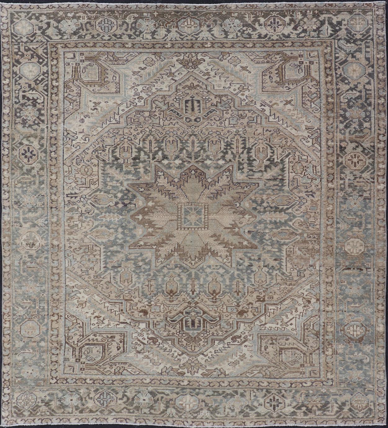 Square Antique Heriz Rug with Geometric Design in Blue's, Tan, Cream, and Brown. Keivan Woven Arts / rug EN - 15000, country of origin / type: Iran / Heriz, circa 1930 Measures: 7'6 x 8'5 This square Persian Heriz carpet bears an exqui... - Keivan Woven ArtsEN - 15000 - 23672Rug
