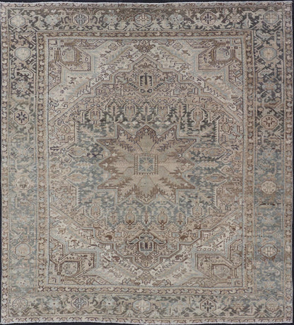 Square Antique Heriz Rug with Geometric Design in Blue's, Tan, Cream, and Brown. Keivan Woven Arts / rug EN - 15000, country of origin / type: Iran / Heriz, circa 1930 Measures: 7'6 x 8'5 This square Persian Heriz carpet bears an exqui... - Keivan Woven ArtsEN - 15000 - 23672Rug