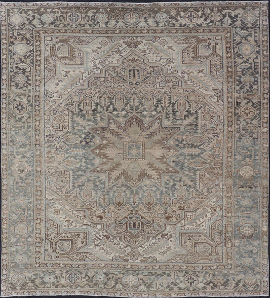 Square Antique Heriz Rug with Geometric Design in Blue's, Tan, Cream, and Brown. Keivan Woven Arts / rug EN - 15000, country of origin / type: Iran / Heriz, circa 1930 Measures: 7'6 x 8'5 This square Persian Heriz carpet bears an exqui... - Keivan Woven ArtsEN - 15000 - 23672Rug