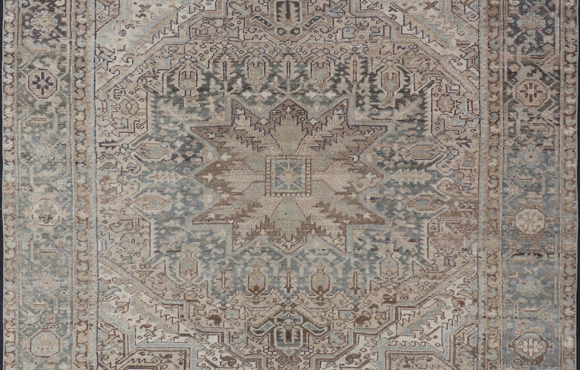 Square Antique Heriz Rug with Geometric Design in Blue's, Tan, Cream, and Brown. Keivan Woven Arts / rug EN - 15000, country of origin / type: Iran / Heriz, circa 1930 Measures: 7'6 x 8'5 This square Persian Heriz carpet bears an exqui... - Keivan Woven ArtsEN - 15000 - 23672