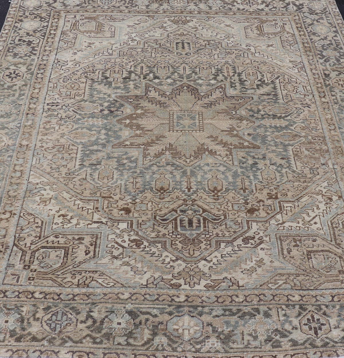 Square Antique Heriz Rug with Geometric Design in Blue's, Tan, Cream, and Brown. Keivan Woven Arts / rug EN - 15000, country of origin / type: Iran / Heriz, circa 1930 Measures: 7'6 x 8'5 This square Persian Heriz carpet bears an exqui... - Keivan Woven ArtsEN - 15000 - 23672Rug
