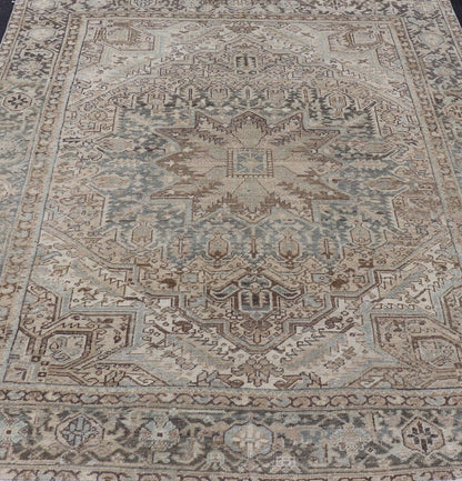 Square Antique Heriz Rug with Geometric Design in Blue's, Tan, Cream, and Brown. Keivan Woven Arts / rug EN - 15000, country of origin / type: Iran / Heriz, circa 1930 Measures: 7'6 x 8'5 This square Persian Heriz carpet bears an exqui... - Keivan Woven ArtsEN - 15000 - 23672