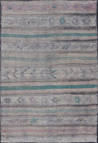 Vintage Kilim Rug in Stripe design by Keivan Woven Arts Measures: 3' X 4'8 This remarkable Turkish kilim with embroideries features stripe pattern and soft tones. the rich tradition of Kilim weaving in central Anatolian region goes bac... - Keivan Woven ArtsEN - 1501 - 27490Rug