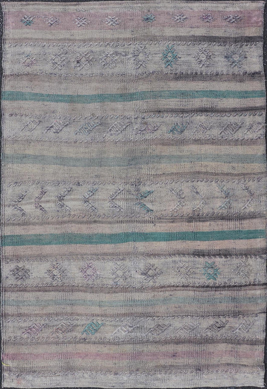 Vintage Kilim Rug in Stripe design by Keivan Woven Arts Measures: 3' X 4'8 This remarkable Turkish kilim with embroideries features stripe pattern and soft tones. the rich tradition of Kilim weaving in central Anatolian region goes bac... - Keivan Woven ArtsEN - 1501 - 27490Rug