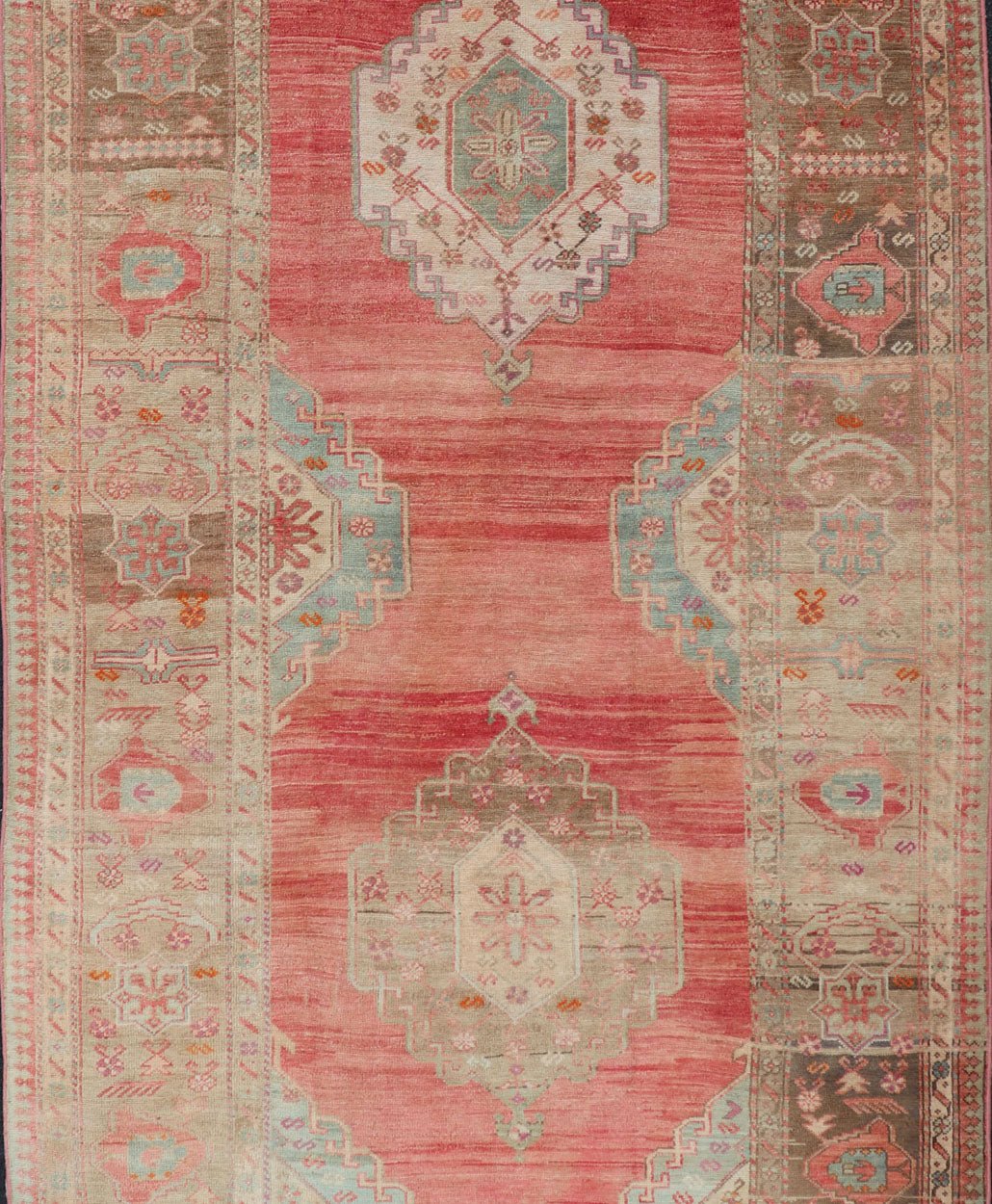 Measures: 5'4 x 11'6 Turkish Vintage Oushak Gallery with Tribal Medallions in Coral, Lt. Green & Tan. Country of origin: Turkey; Type: Oushak; Design: Tribal, Tribal Medallion; Keivan Woven Arts: rug EN - 15116. This vintage Turkish Oushak fe... - Keivan Woven ArtsEN - 15116 - 22848Rug