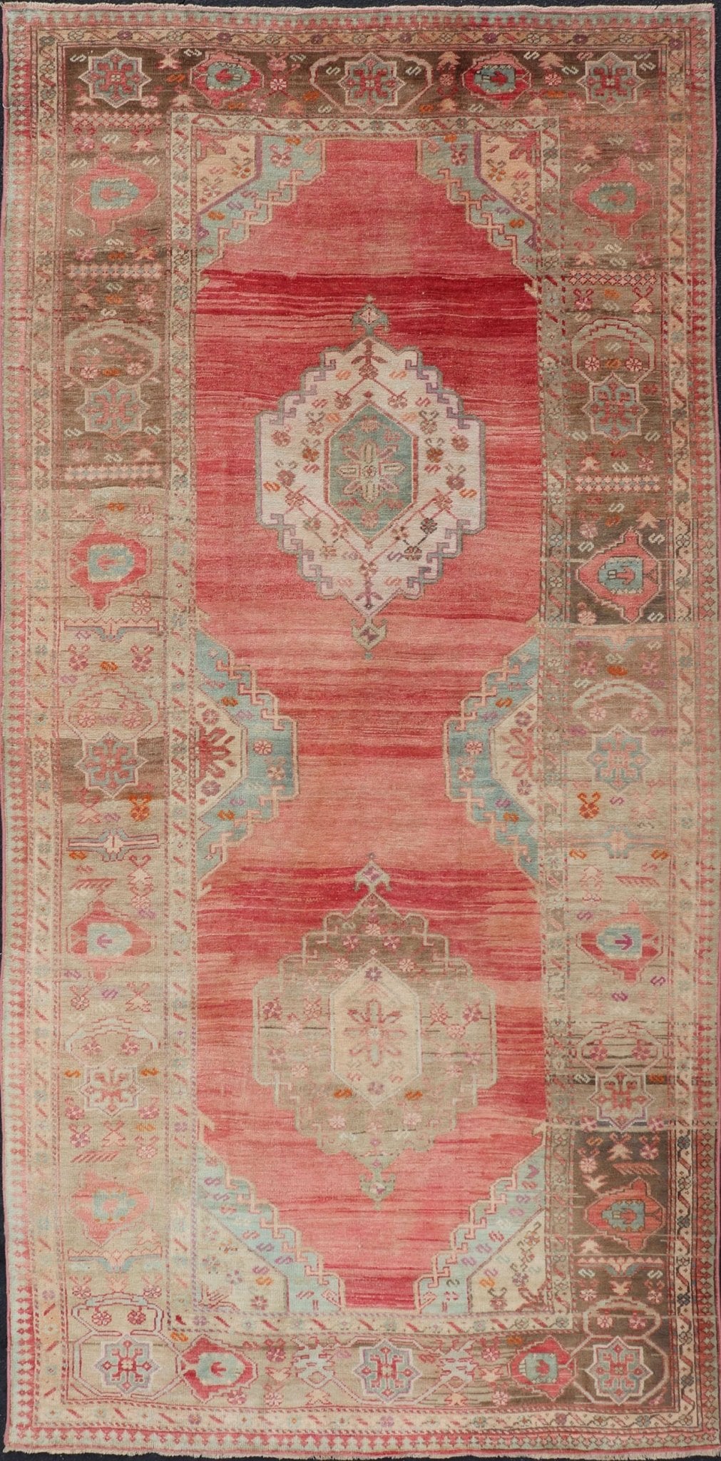 Measures: 5'4 x 11'6 Turkish Vintage Oushak Gallery with Tribal Medallions in Coral, Lt. Green & Tan. Country of origin: Turkey; Type: Oushak; Design: Tribal, Tribal Medallion; Keivan Woven Arts: rug EN - 15116. This vintage Turkish Oushak fe... - Keivan Woven ArtsEN - 15116 - 22848Rug