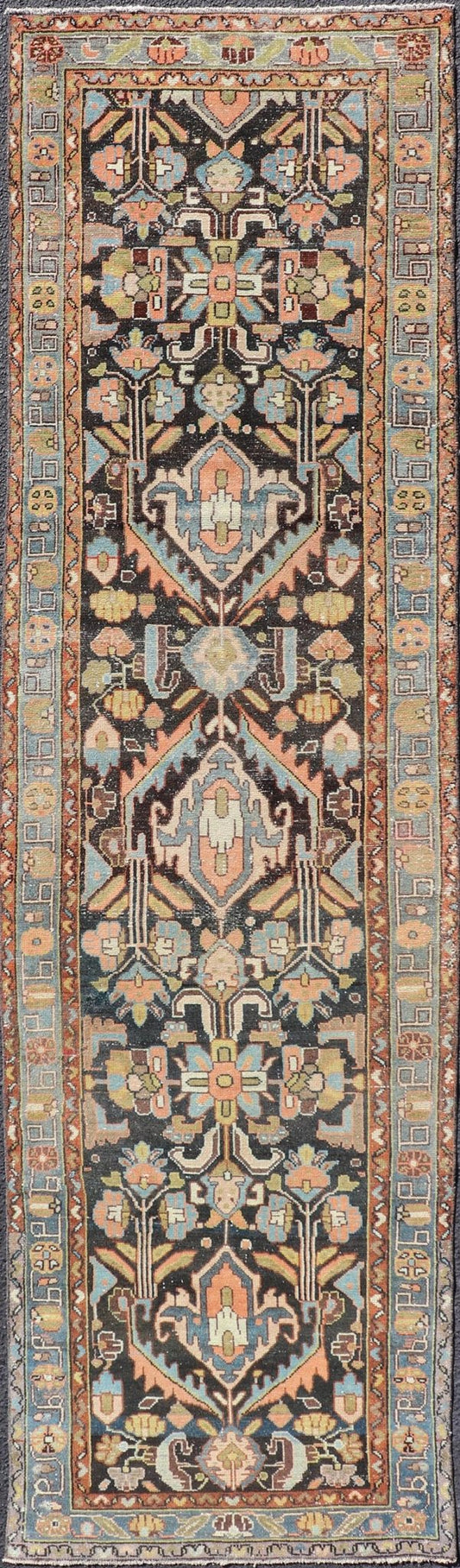 Measures: 2'6 x 9'4 Antique Persian Keivan Woven Arts Hamedan Runner With Tribal Motifs in Pastel Colors. Keivan Woven Arts / rug EN - 15119, country of origin / type: Iran / Hamadan, circa 1910 This antique Persian hamadan runner, from wester... - Keivan Woven ArtsEN - 15119 - 21865Rug