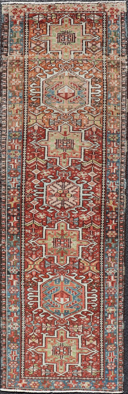 Measures: 1'10 x 6'0 Persian Antique Heriz Distressed Small Runner with Geometrics in Multi - Color. Keivan Woven Arts / rug EN - 15150, country of origin / type: Iran / Heriz, circa 1920 This antique Persian Heriz runner, from northwest Iran, di... - Keivan Woven ArtsEN - 15150 - 21871Rug