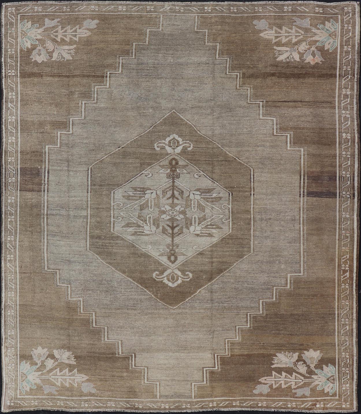 Measures: 9'2 x 10'9 Turkish Vintage Kars Rug in Brown Background With Gray and Hints of Green. Keivan Woven Arts / rug EN - 15156, country of origin / type: Turkey / Oushak, circa mid - 20th century This vintage Turkish rug, (circa mid - 20th ce... - Keivan Woven ArtsEN - 15156 - 22410Rug