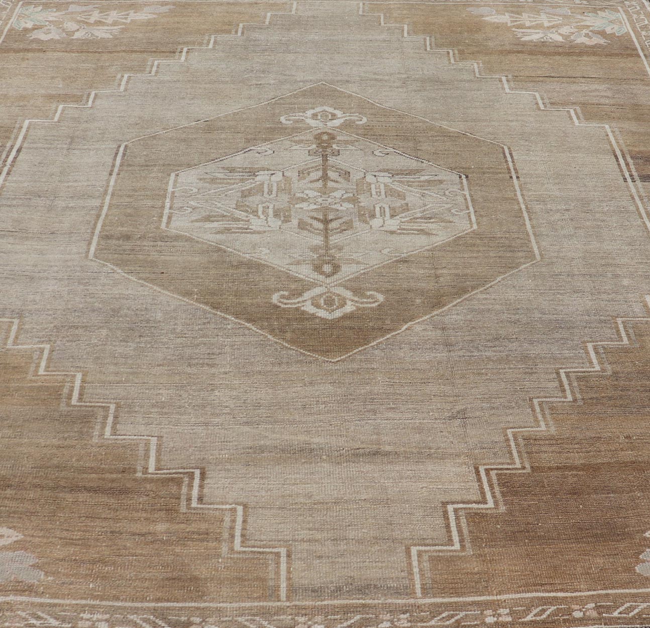 Measures: 9'2 x 10'9 Turkish Vintage Kars Rug in Brown Background With Gray and Hints of Green. Keivan Woven Arts / rug EN - 15156, country of origin / type: Turkey / Oushak, circa mid - 20th century This vintage Turkish rug, (circa mid - 20th ce... - Keivan Woven ArtsEN - 15156 - 22410Rug