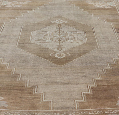 Measures: 9'2 x 10'9 Turkish Vintage Kars Rug in Brown Background With Gray and Hints of Green. Keivan Woven Arts / rug EN - 15156, country of origin / type: Turkey / Oushak, circa mid - 20th century This vintage Turkish rug, (circa mid - 20th ce... - Keivan Woven ArtsEN - 15156 - 22410Rug