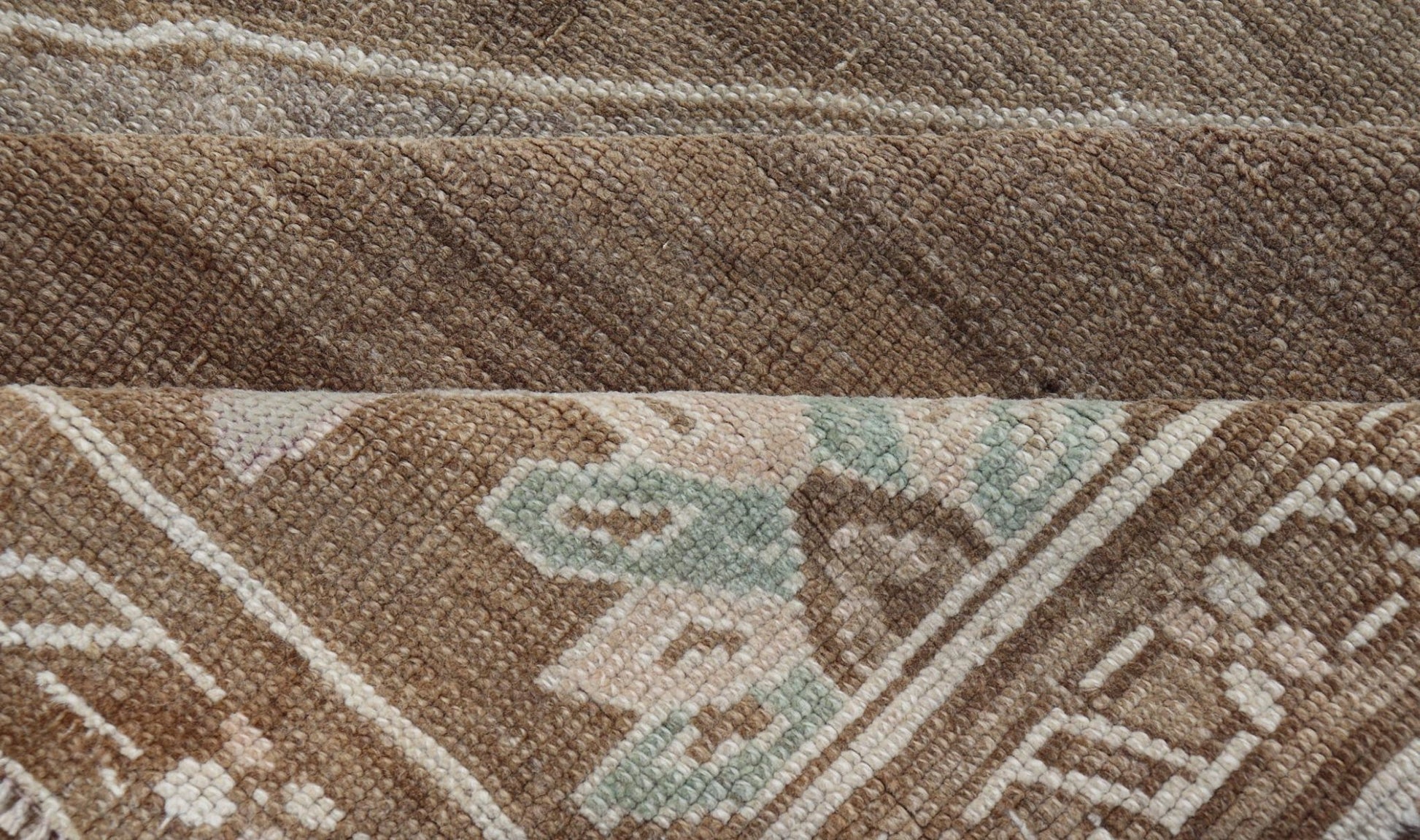 Measures: 9'2 x 10'9 Turkish Vintage Kars Rug in Brown Background With Gray and Hints of Green. Keivan Woven Arts / rug EN - 15156, country of origin / type: Turkey / Oushak, circa mid - 20th century This vintage Turkish rug, (circa mid - 20th ce... - Keivan Woven ArtsEN - 15156 - 22410Rug