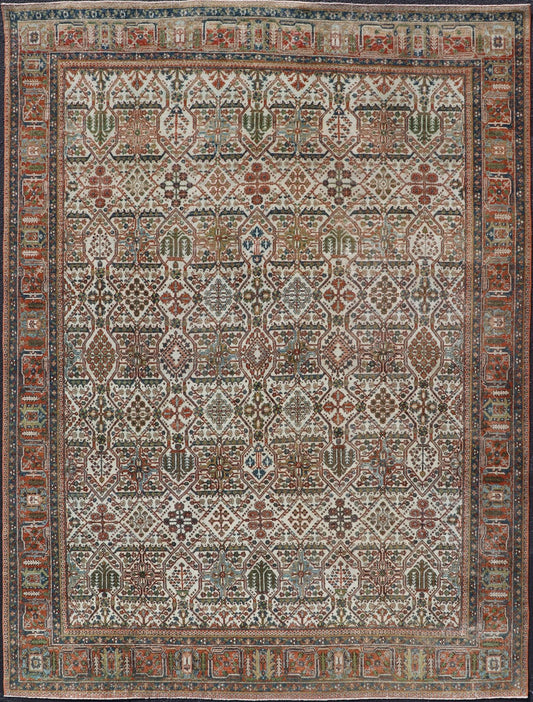 Measures: 7'10 x 10'9 Antique Persian Joshegan Rug in Ivory Background With Blue, Green, & Copper. Keivan Woven Arts/ rugEN - 15157, country of origin / type: Iran / Joshegan, circa 1920 Antique Persian Joshegan Rug in Ivory Background with co... - Keivan Woven ArtsEN - 15157 - 22608Rug