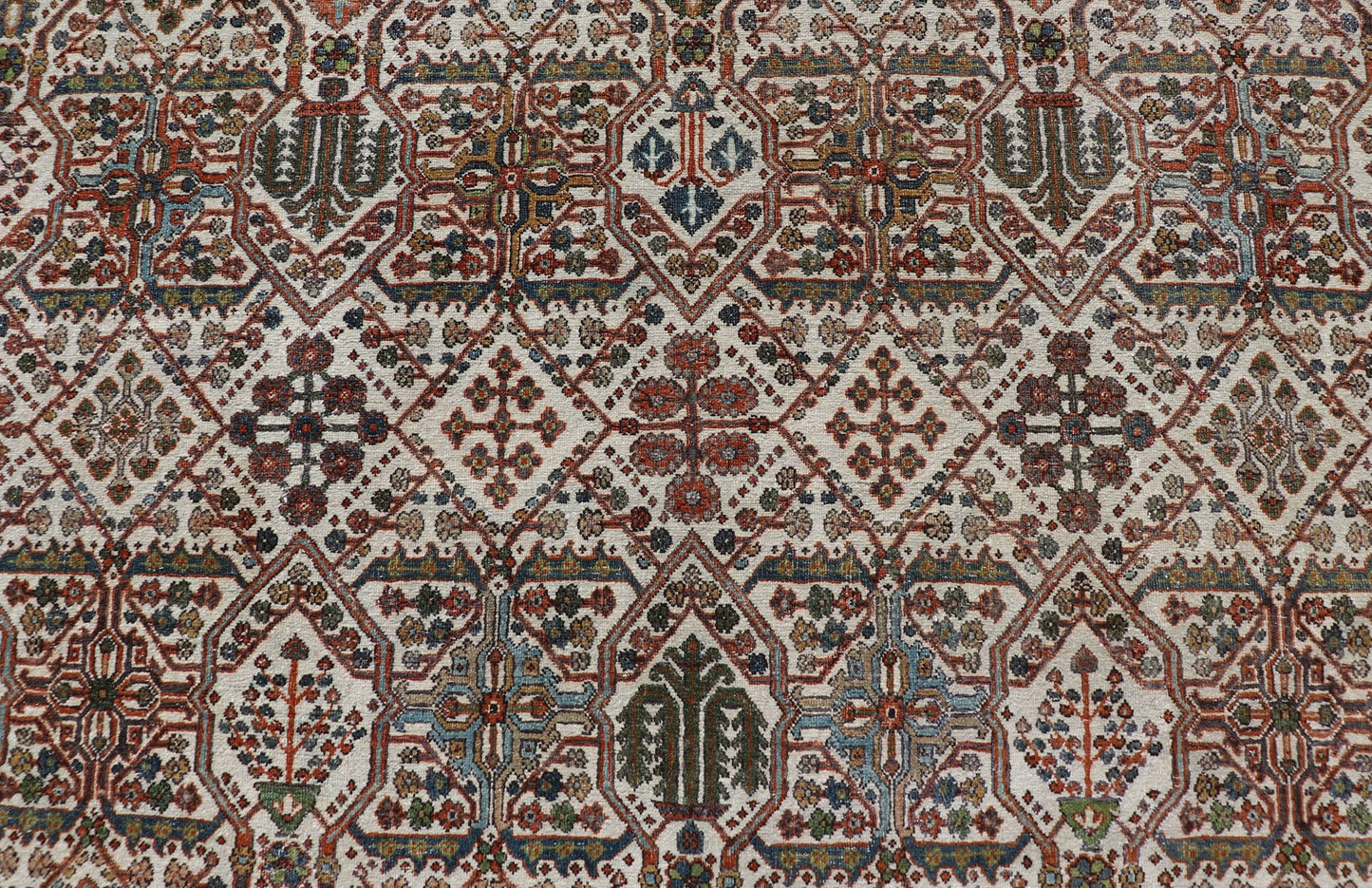 Measures: 7'10 x 10'9 Antique Persian Joshegan Rug in Ivory Background With Blue, Green, & Copper. Keivan Woven Arts/ rugEN - 15157, country of origin / type: Iran / Joshegan, circa 1920 Antique Persian Joshegan Rug in Ivory Background with co... - Keivan Woven ArtsEN - 15157 - 22608Rug