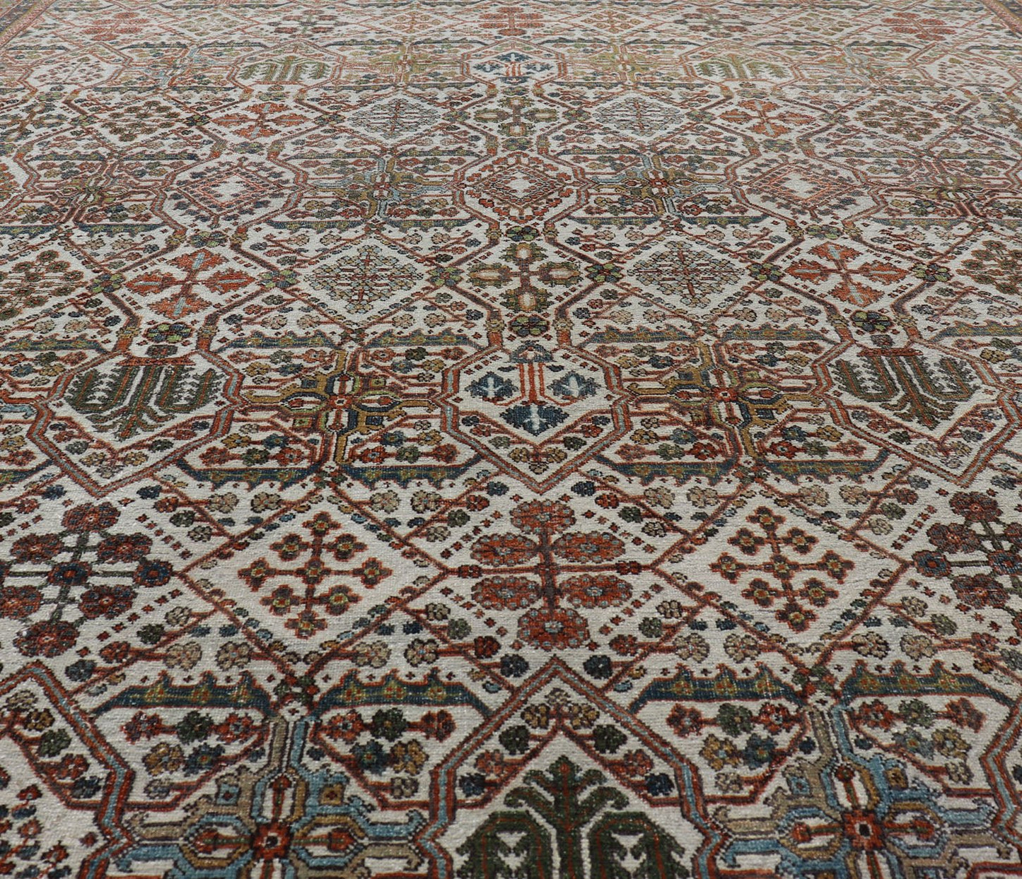 Measures: 7'10 x 10'9 Antique Persian Joshegan Rug in Ivory Background With Blue, Green, & Copper. Keivan Woven Arts/ rugEN - 15157, country of origin / type: Iran / Joshegan, circa 1920 Antique Persian Joshegan Rug in Ivory Background with co... - Keivan Woven ArtsEN - 15157 - 22608Rug