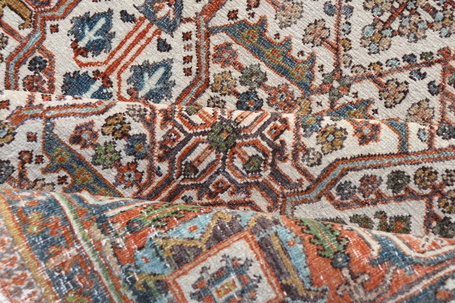 Measures: 7'10 x 10'9 Antique Persian Joshegan Rug in Ivory Background With Blue, Green, & Copper. Keivan Woven Arts/ rugEN - 15157, country of origin / type: Iran / Joshegan, circa 1920 Antique Persian Joshegan Rug in Ivory Background with co... - Keivan Woven ArtsEN - 15157 - 22608Rug