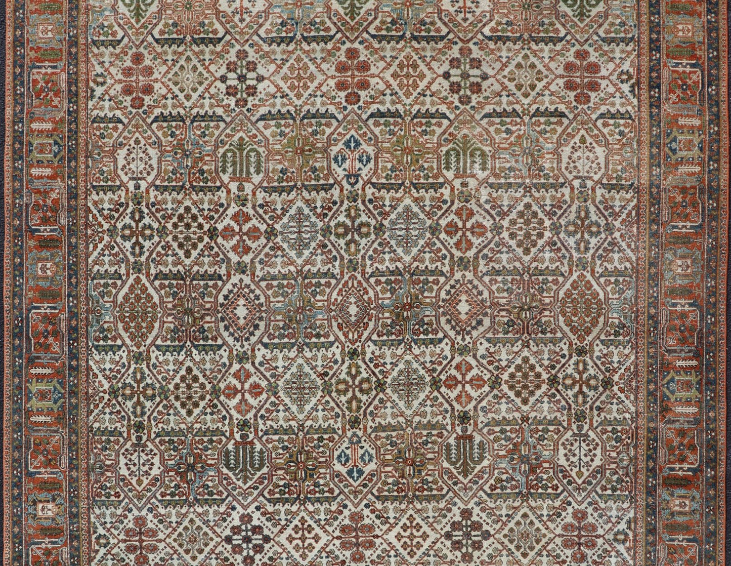 Measures: 7'10 x 10'9 Antique Persian Joshegan Rug in Ivory Background With Blue, Green, & Copper. Keivan Woven Arts/ rugEN - 15157, country of origin / type: Iran / Joshegan, circa 1920 Antique Persian Joshegan Rug in Ivory Background with co... - Keivan Woven ArtsEN - 15157 - 22608Rug