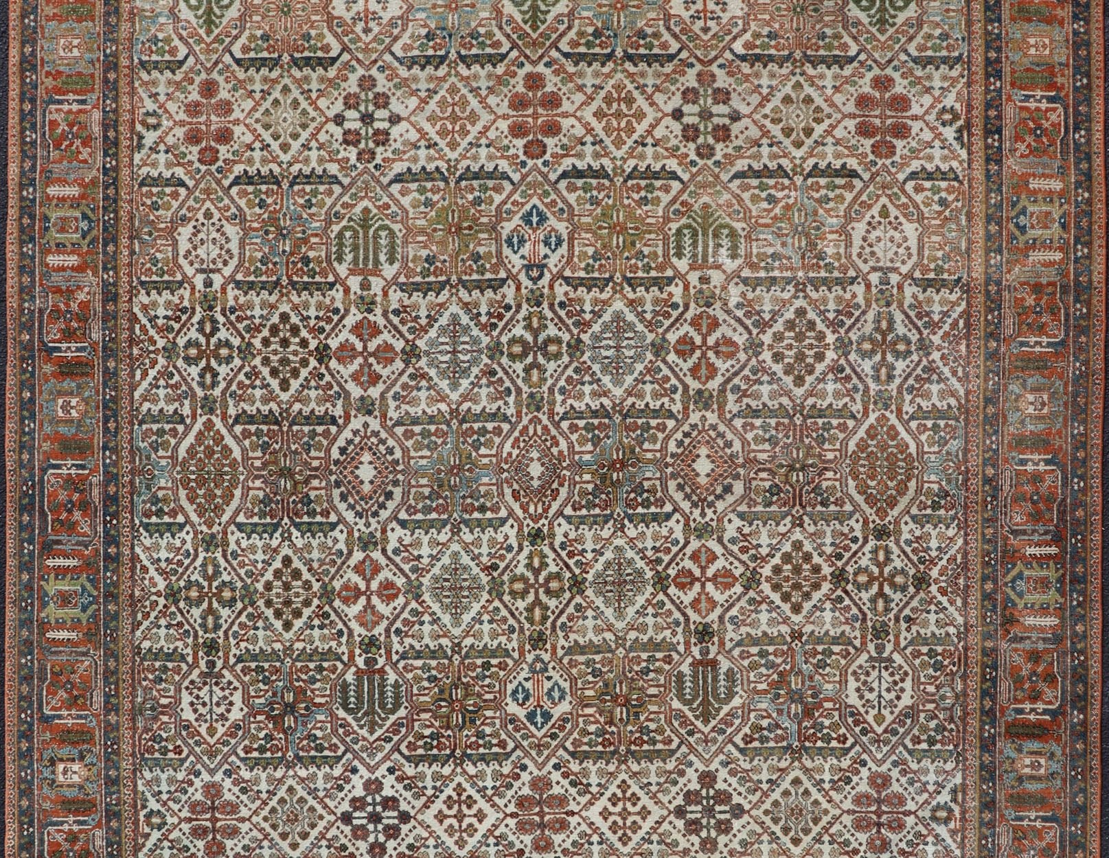 Measures: 7'10 x 10'9 Antique Persian Joshegan Rug in Ivory Background With Blue, Green, & Copper. Keivan Woven Arts/ rugEN - 15157, country of origin / type: Iran / Joshegan, circa 1920 Antique Persian Joshegan Rug in Ivory Background with co... - Keivan Woven ArtsEN - 15157 - 22608Rug