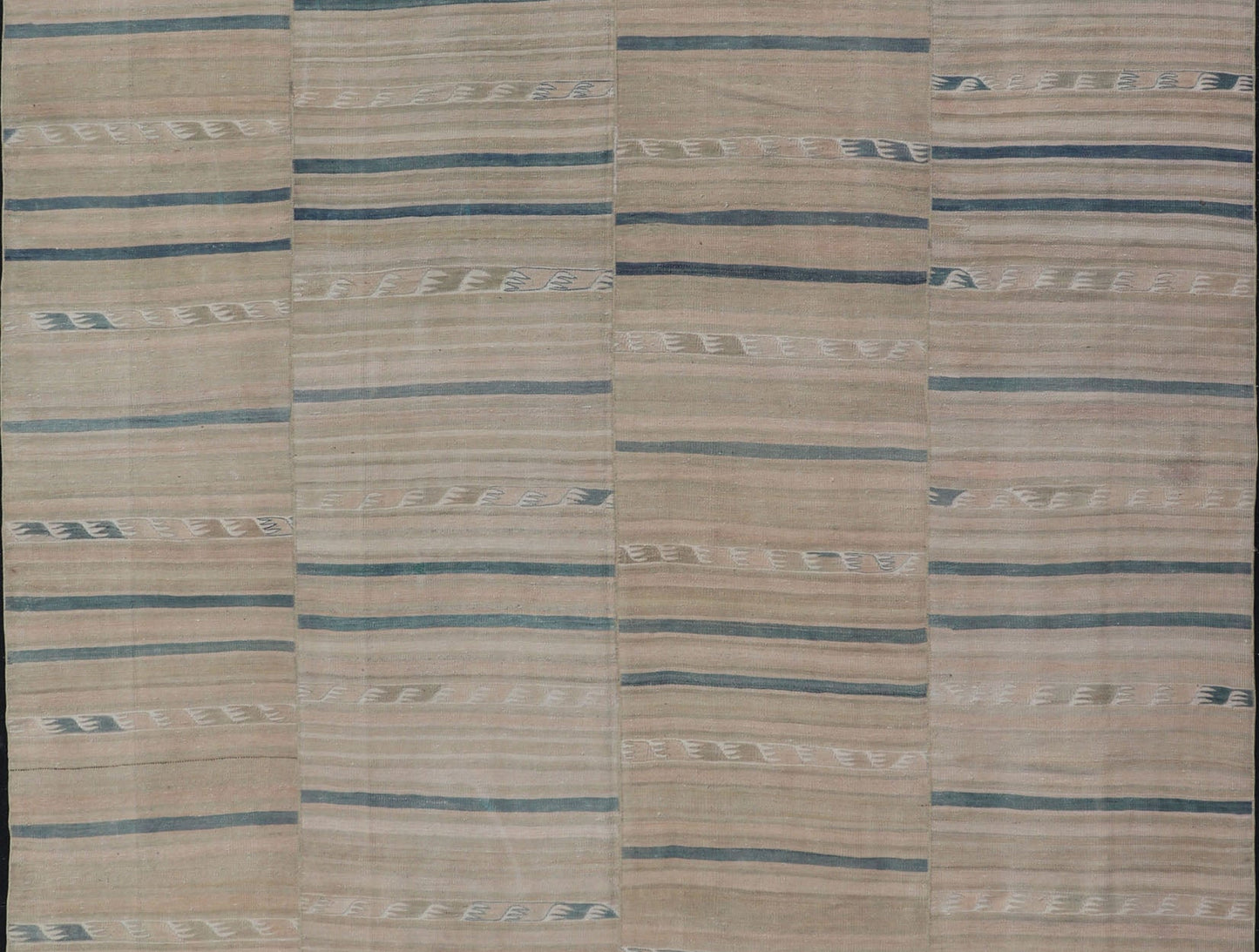 Measures: 8'11 x 12'6 Turkish Vintage Paneled Kilim Vintage Rug in Muted Colors With Blue Highlights. Keivan Woven Arts / rug EN - 15163 country of origin / type: Turkey / Kilim, circa mid - 20th century - Keivan Woven ArtsEN - 15163 - 22854Rug