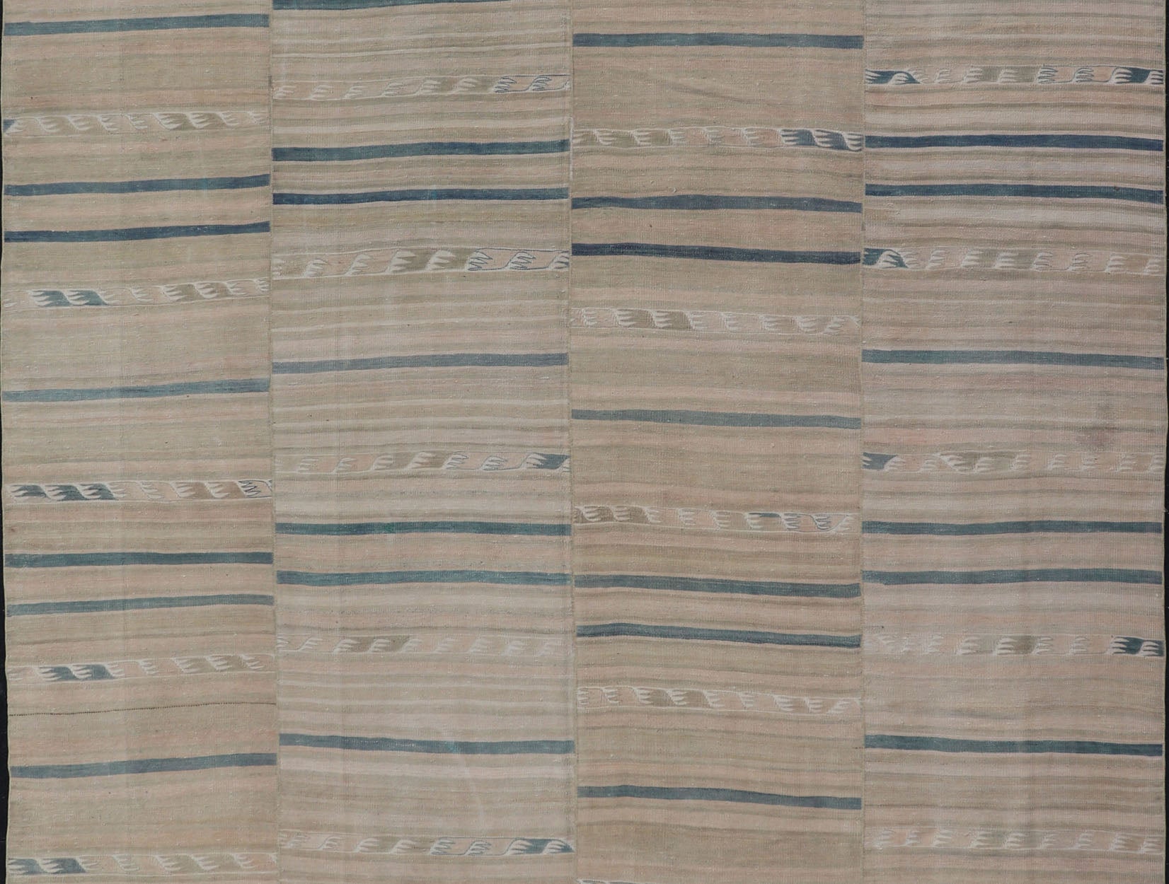 Measures: 8'11 x 12'6 Turkish Vintage Paneled Kilim Vintage Rug in Muted Colors With Blue Highlights. Keivan Woven Arts / rug EN - 15163 country of origin / type: Turkey / Kilim, circa mid - 20th century - Keivan Woven ArtsEN - 15163 - 22854Rug