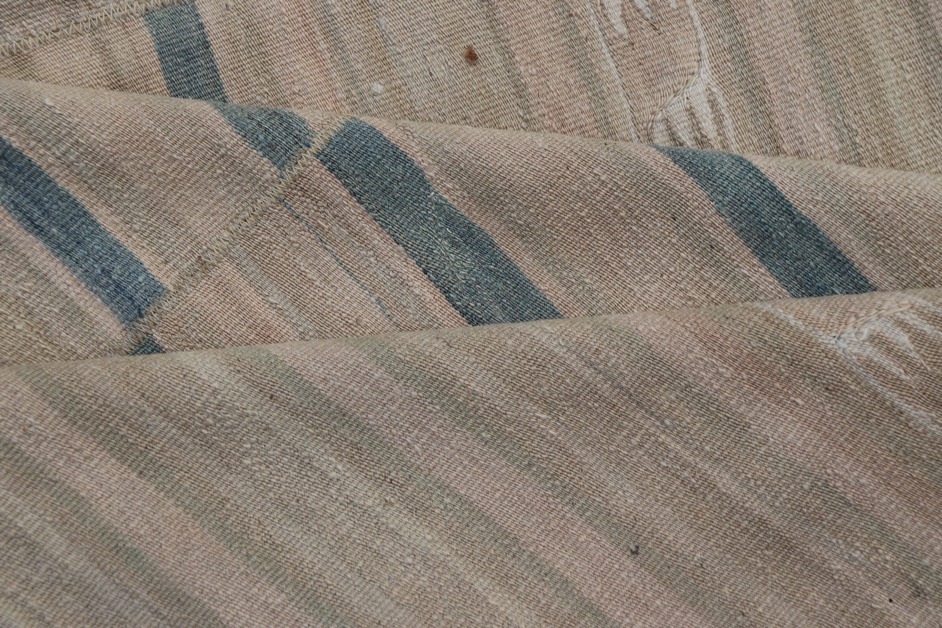 Measures: 8'11 x 12'6 Turkish Vintage Paneled Kilim Vintage Rug in Muted Colors With Blue Highlights. Keivan Woven Arts / rug EN - 15163 country of origin / type: Turkey / Kilim, circa mid - 20th century - Keivan Woven ArtsEN - 15163 - 22854Rug