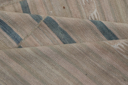 Measures: 8'11 x 12'6 Turkish Vintage Paneled Kilim Vintage Rug in Muted Colors With Blue Highlights. Keivan Woven Arts / rug EN - 15163 country of origin / type: Turkey / Kilim, circa mid - 20th century - Keivan Woven ArtsEN - 15163 - 22854Rug