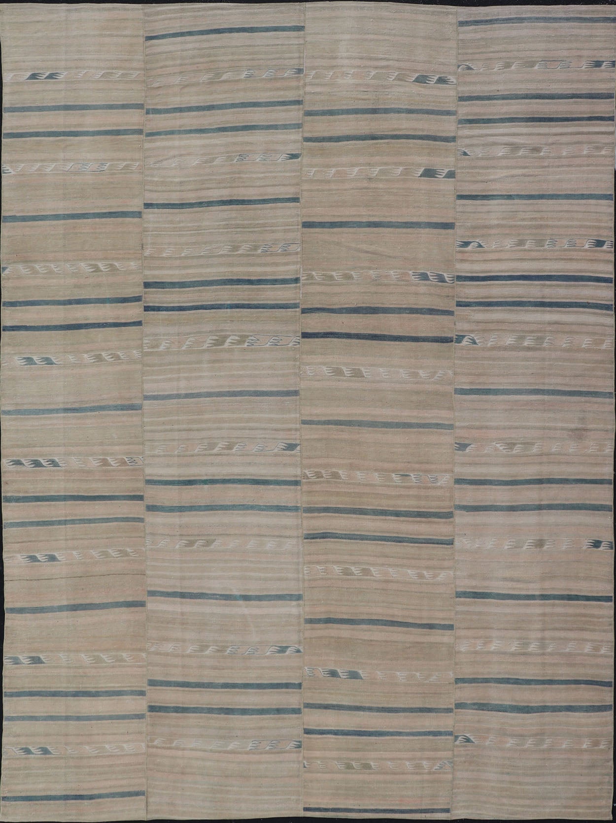 Measures: 8'11 x 12'6 Turkish Vintage Paneled Kilim Vintage Rug in Muted Colors With Blue Highlights. Keivan Woven Arts / rug EN - 15163 country of origin / type: Turkey / Kilim, circa mid - 20th century - Keivan Woven ArtsEN - 15163 - 22854Rug