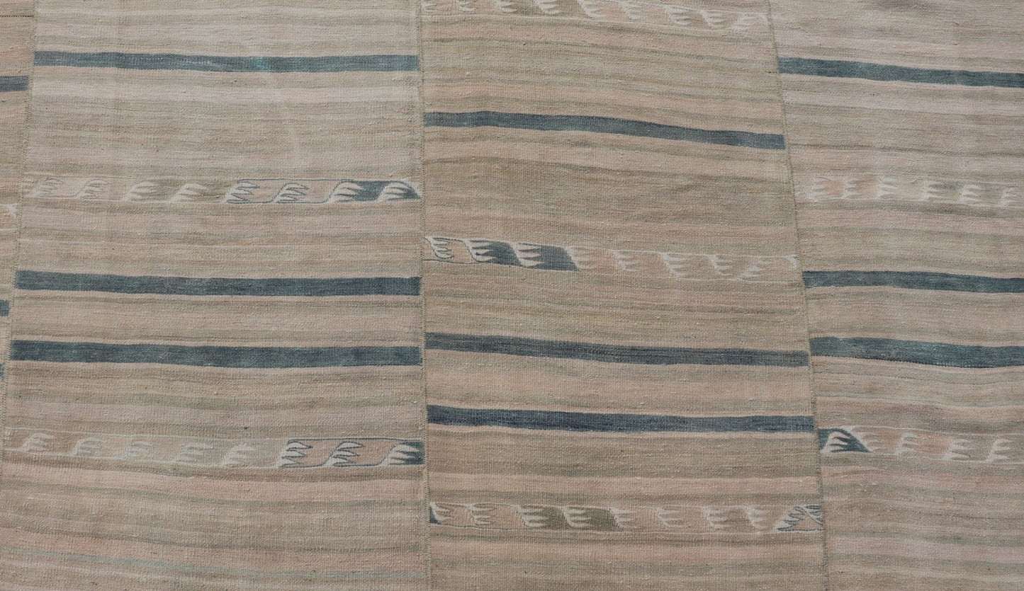 Measures: 8'11 x 12'6 Turkish Vintage Paneled Kilim Vintage Rug in Muted Colors With Blue Highlights. Keivan Woven Arts / rug EN - 15163 country of origin / type: Turkey / Kilim, circa mid - 20th century - Keivan Woven ArtsEN - 15163 - 22854Rug